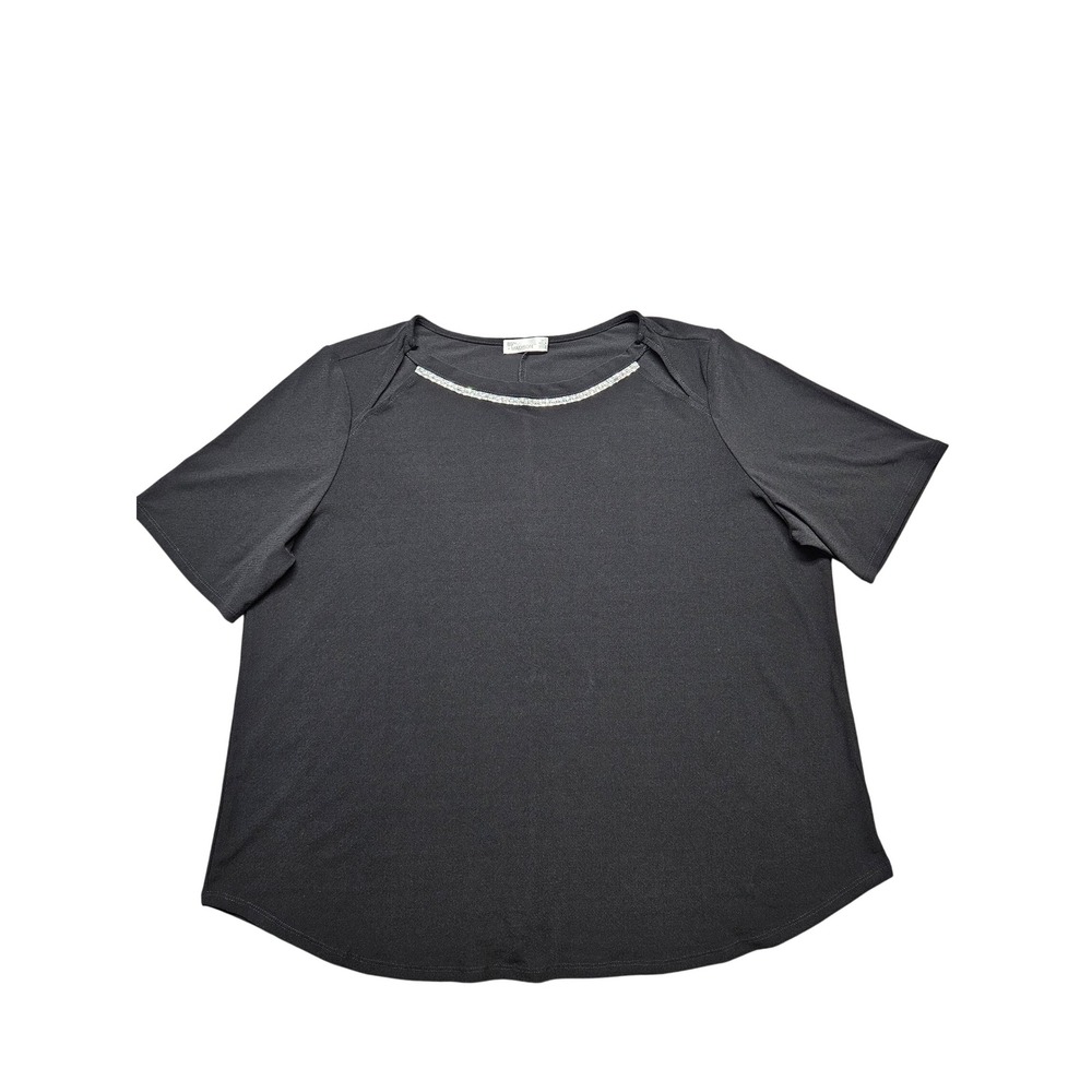 89th + Madison Womens 2X Black Rhinestone Neck Short Sleeve Blouse Top